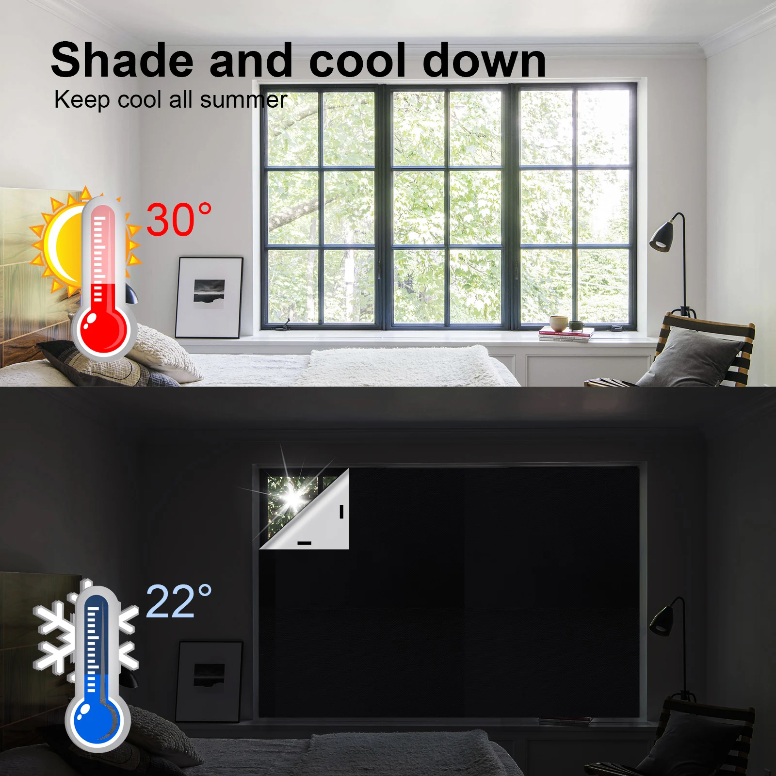 (Silver black) Silver black full blackout cloth - heat-insulating sunshade - cordless design, 3 sizes to choose from