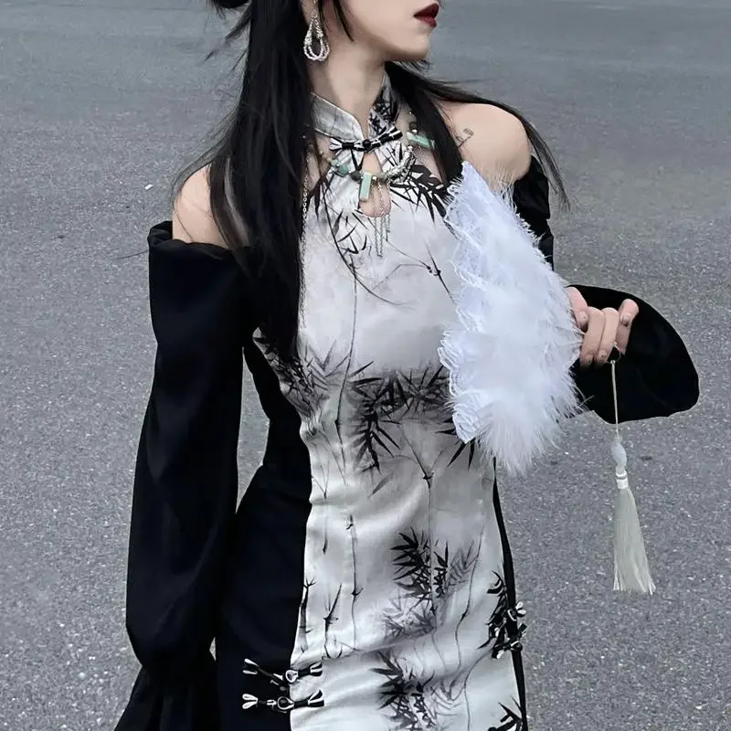 

2025 Black Bamboo Qipao Sexy Off Shoulder Cheongsams Women Improved Chinese Dress High Split Vestidos Gothic Dark Dresses