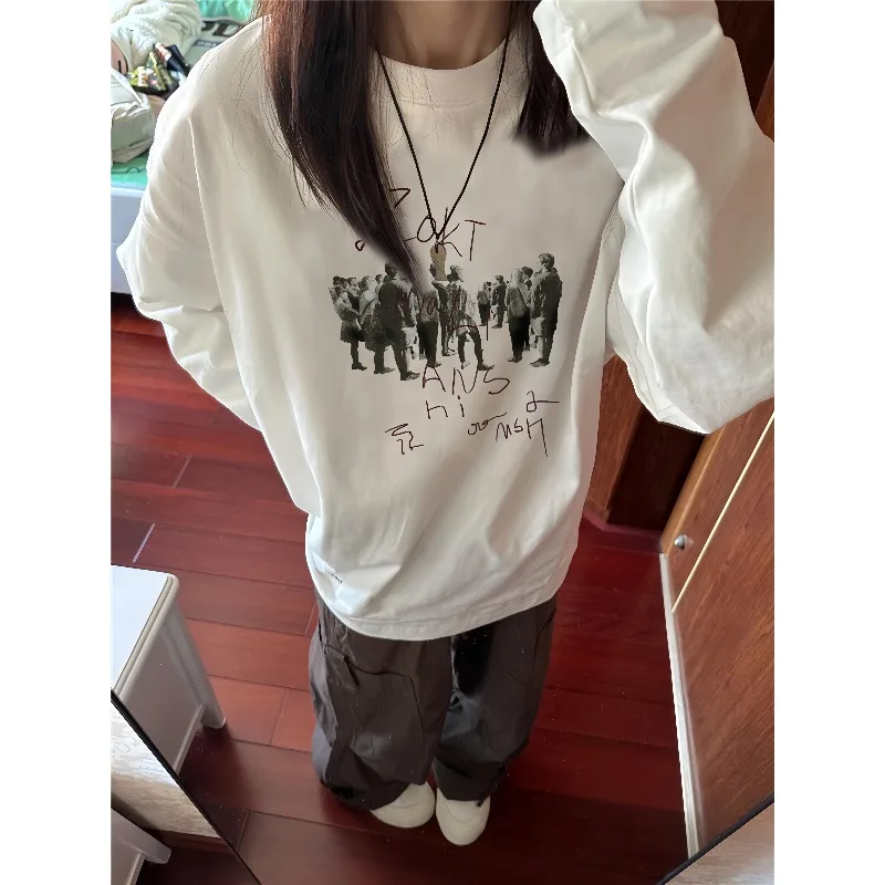 

New Retro Character Letter 3D Printed Long Sleeved T-shirt Autumn Versatile Breathable Quick Drying Top Trendy Unisex