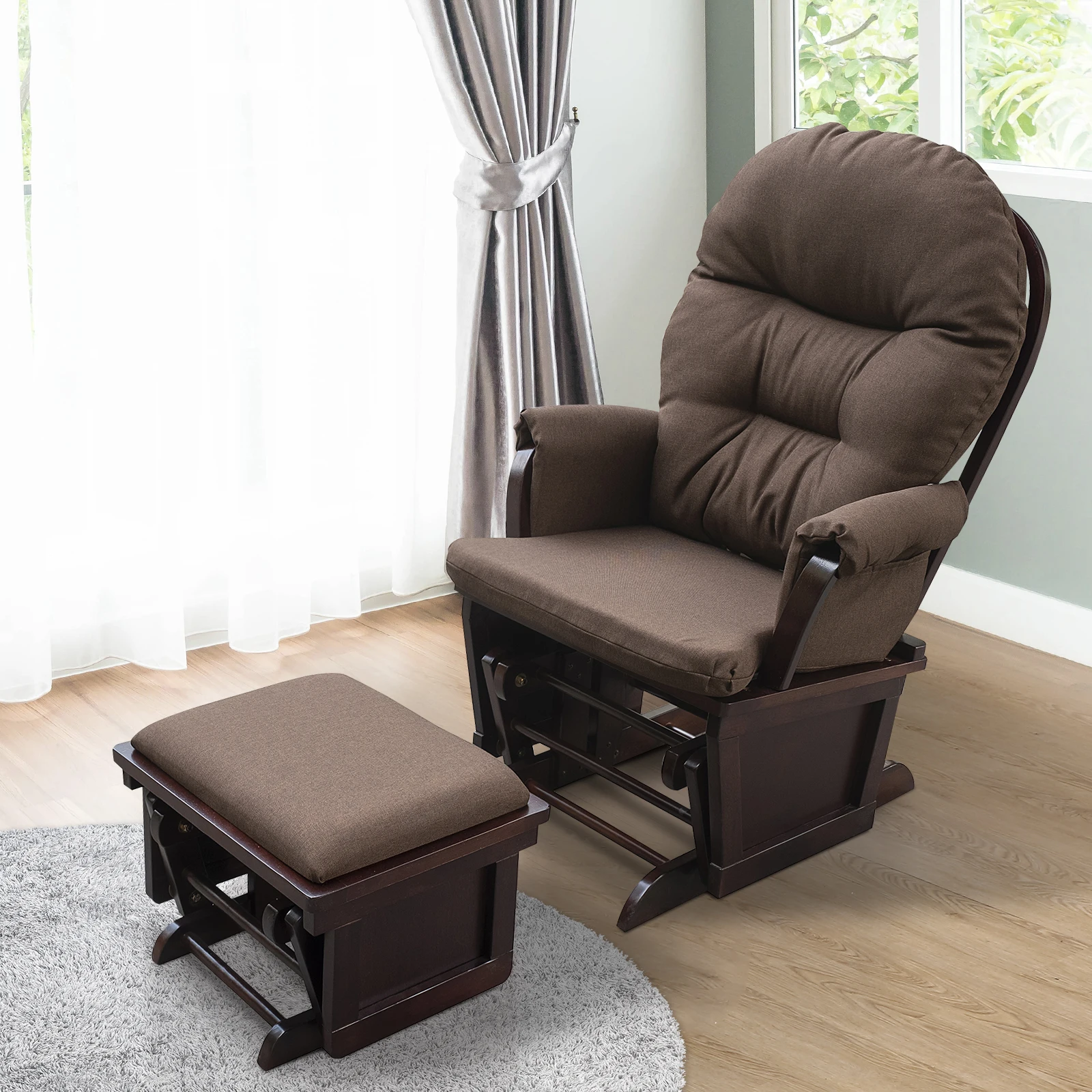 

Nursery Glider Rocking Chair with Ottoman, Thick Padded Cushion Seating and Wood Base, Brown