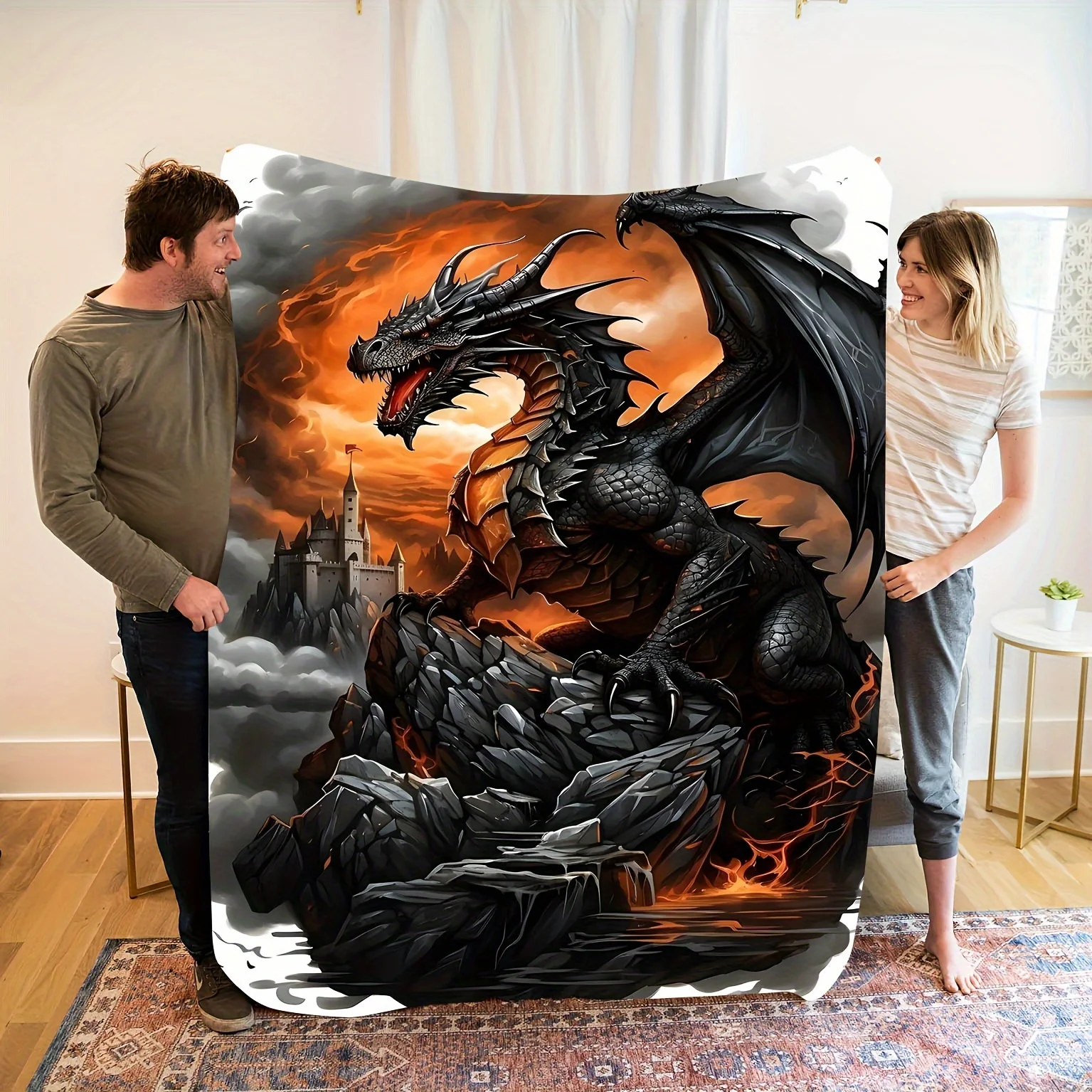 

Enchanted Dragon Decor Throw Blanket Soft Cozy Gothic Style Machine Washable Camping Travel Blanket for Boys And Teens