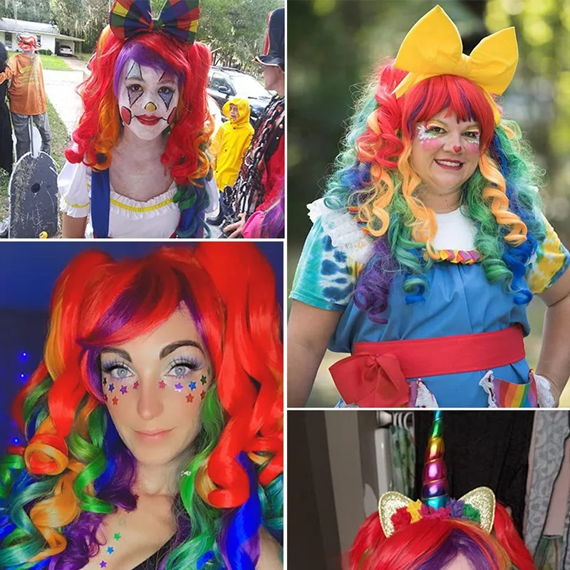 قوس قزح اللون طويل مجعد الشعر الكرة فستان احتفالي أغطية الرأس غطاء شعر مستعار حفلة عيد ميلاد الملابس والاكسسوارات شعر مستعار ذيل حصان مزدوج