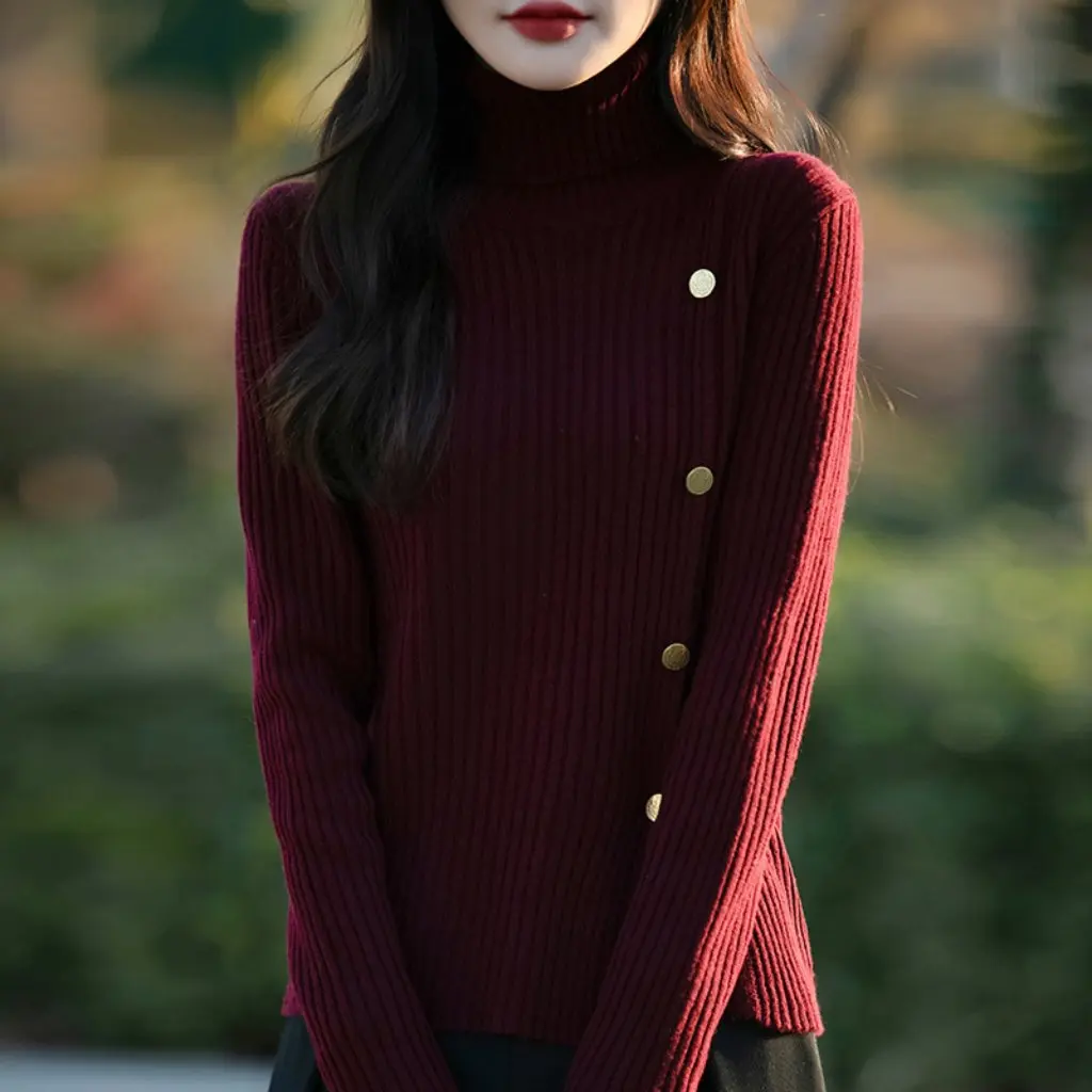 여성용 하이 칼라 니트 풀오버 후드 스웨터 긴 소매 단색 기본 셔츠 가을 겨울용