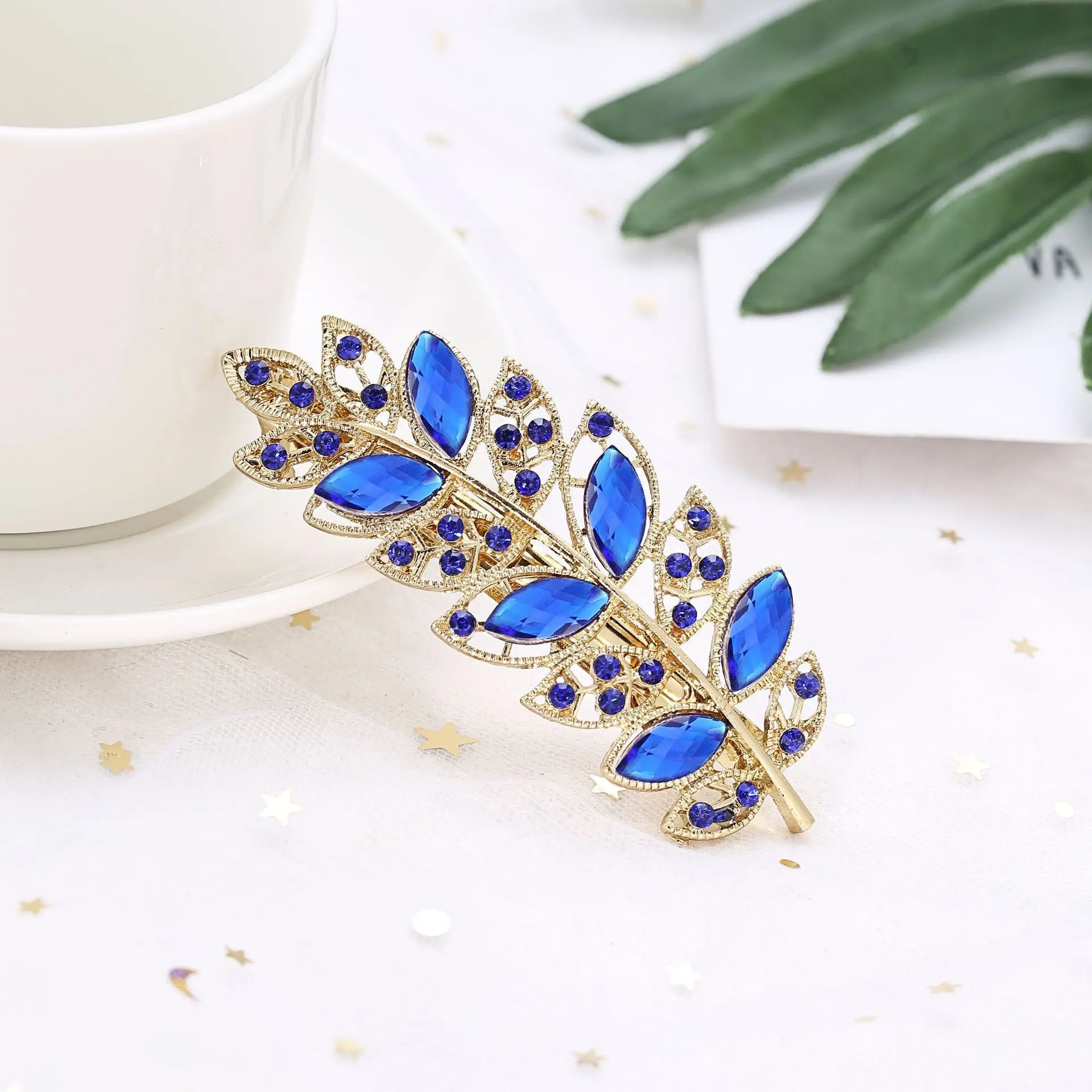 Fashion Imitation Crystal Rhinestone Hair Clip Multicolor Leaf Shape Spring Hairpin for Women Girls Ponytail Jewelry Accessories