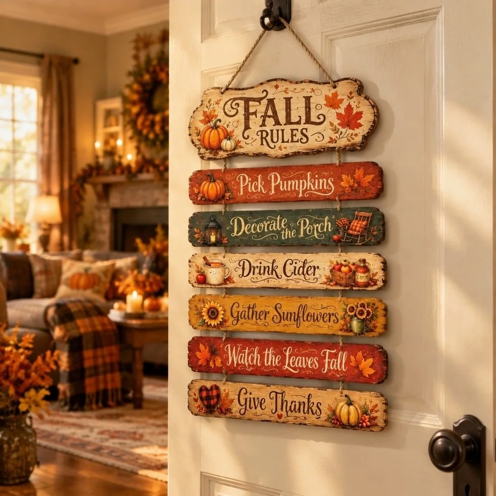 2D Flat Autumn Harvest Sign Halloween Wall Art Fall Theme Wall Hanging Plaque Decorative Ornaments Fall Rules Wood Plaque