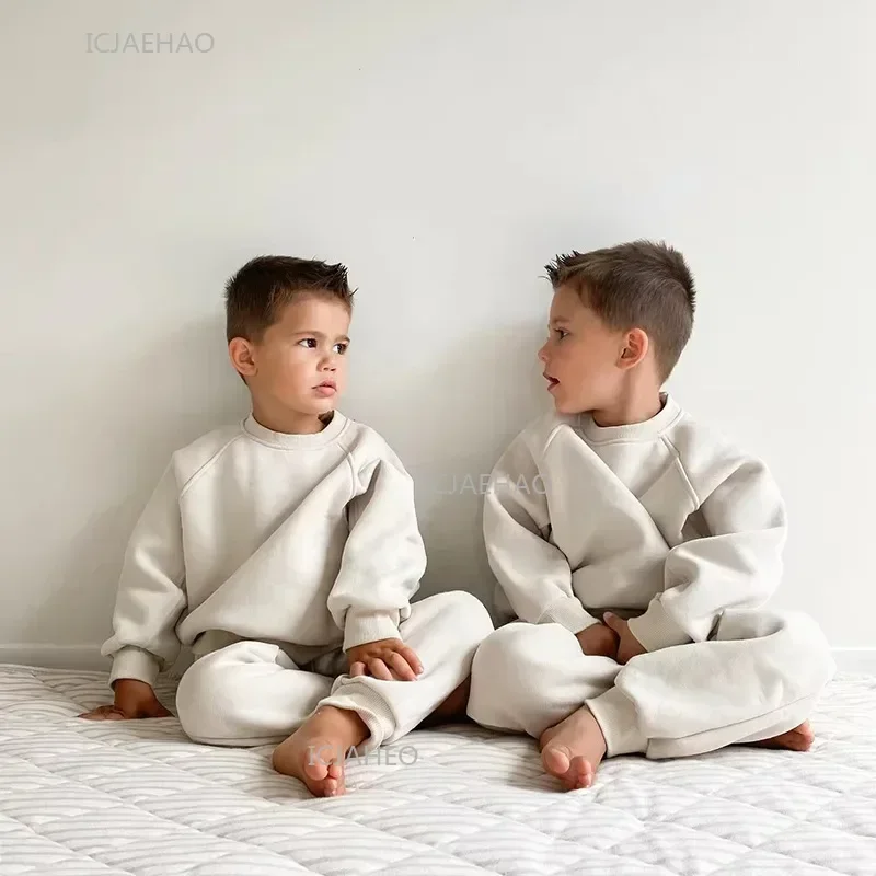 2025 Boys Girls Plus Velvet ThickFleece Sports Set Kids Warm Outfits Winter New Sweatshirt + Sweat Pants 2pcs Suit Children