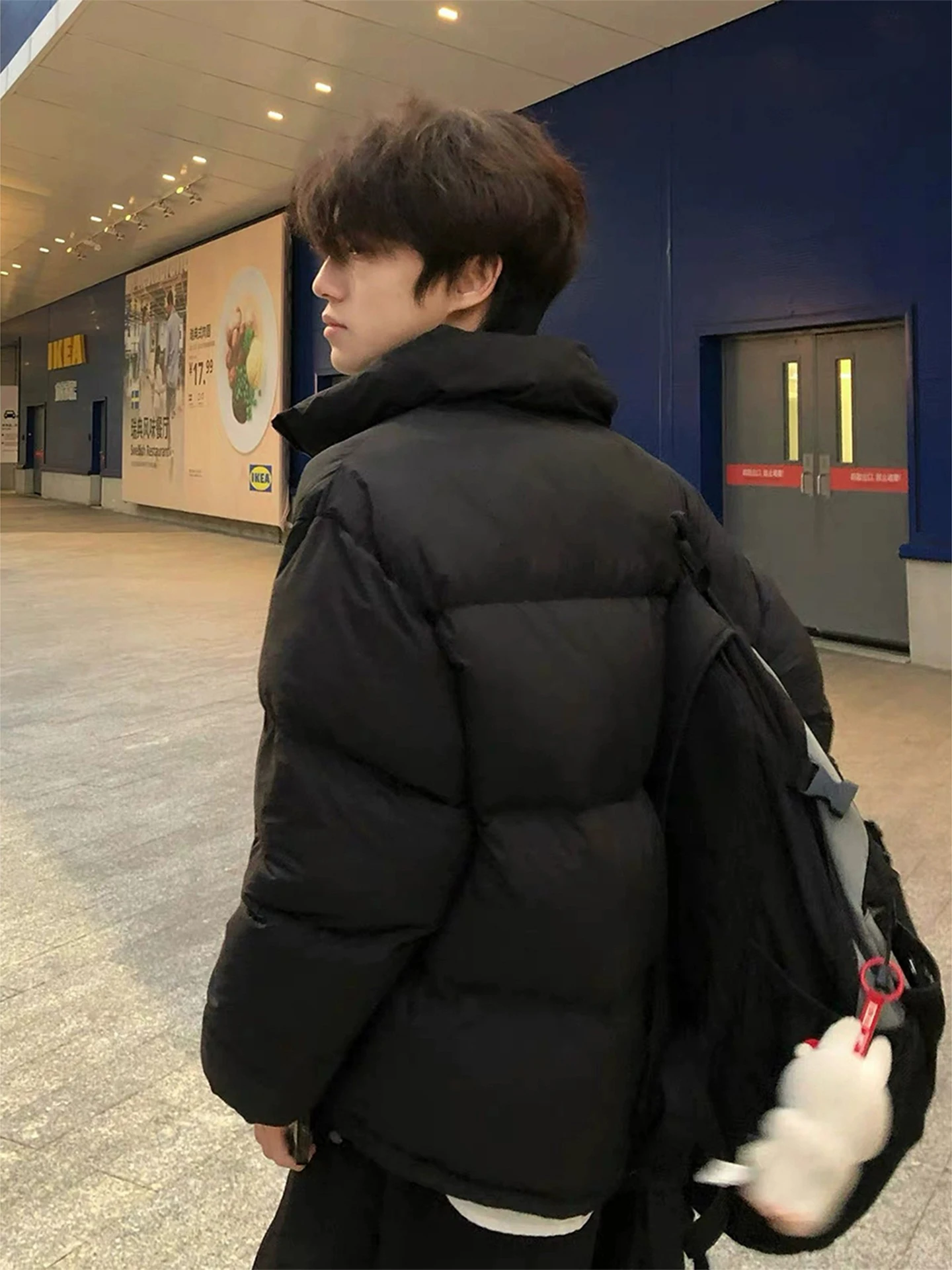 Black Stand Collar Thickened Winter Jacket Men's down Cotton Coat Stylish Bread Style Warmth Polyester Fiber Retro Style
