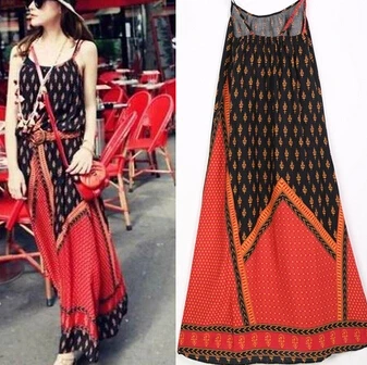 

National Wind Vintage Spaghetti Strap Long Dress Printing Cotton Beach Maxi Dress uzun elbiseler