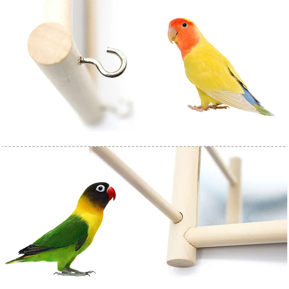 Espejo de madera para pájaros, juguete interactivo con perca para loros pequeños, periquitos, cacatúas, accesorios para jaula