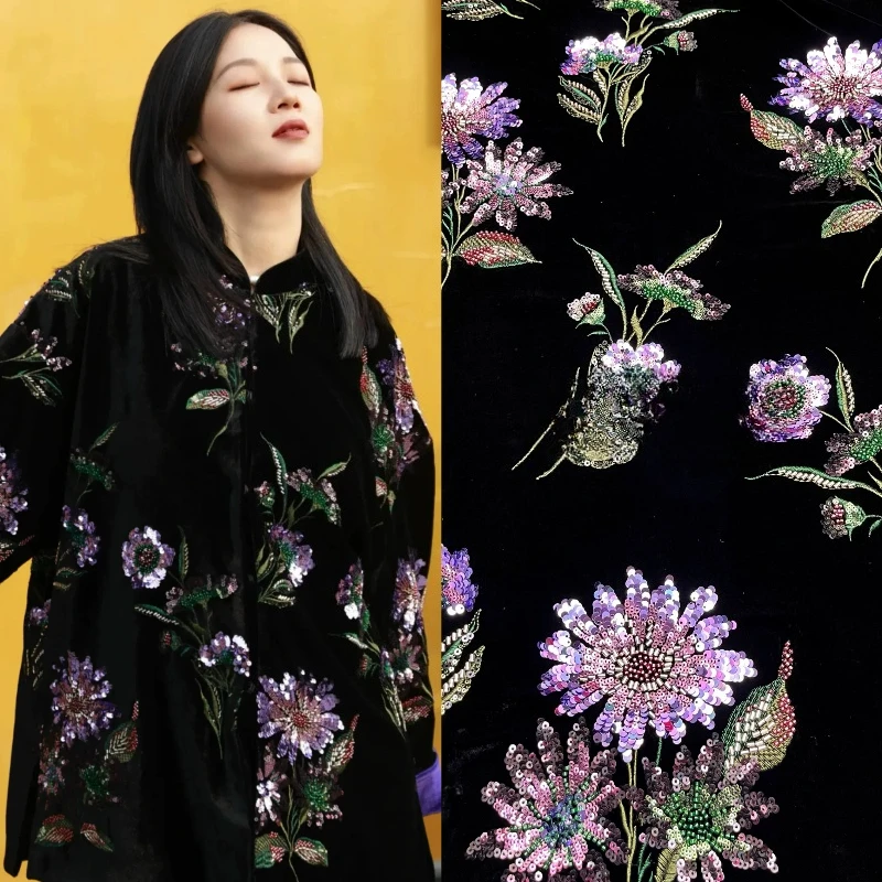Seidensamtstoff mit Begonienblumen-Stickerei, Pailletten und Perlen, Hochwertiger Couture-Stoff für Herbst und Winter, für Mäntel, Westen, Designer-DIY und Näharbeiten