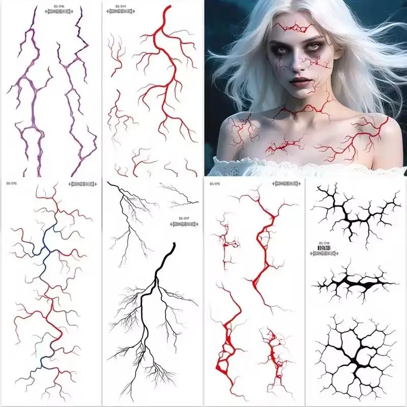 

New Sheets Large Halloween Black Temporary Tattoo Sticker For Halloween Makeup Realistic Vein Design Face Tattoo Body