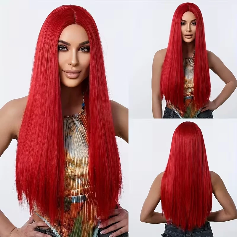 Red synthetic wig with straight long hair - Halloween cosplay wig - costume wig - everyday party wig - wig set for parties