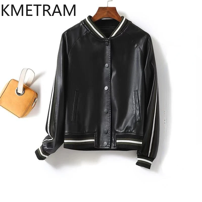 Kmetram natürliche Schaffell Lederjacke für Frauen Frühling Herbst Baseball Damen jacken kurze Mäntel leren jas dames