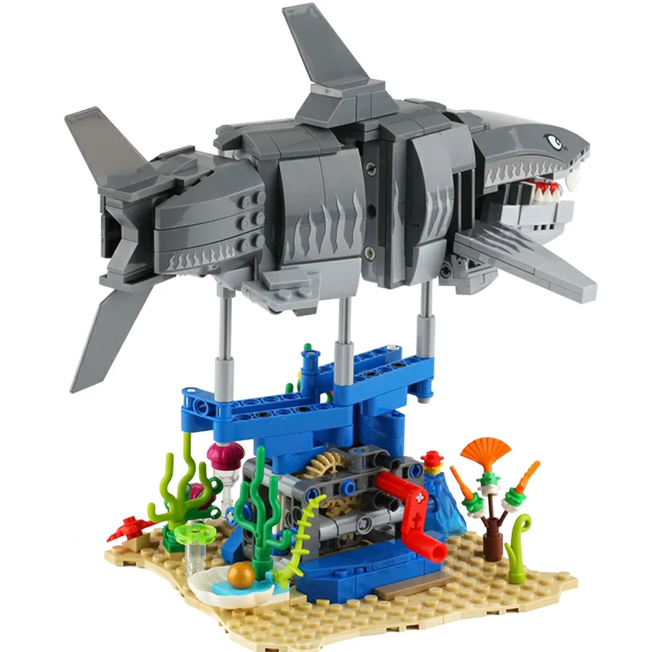 625pcs Biomimeti Shark Building Blocks Jurassic Fish Marine Animals Megalodon World Park Figure Bricks Children Dinosaurs Toys