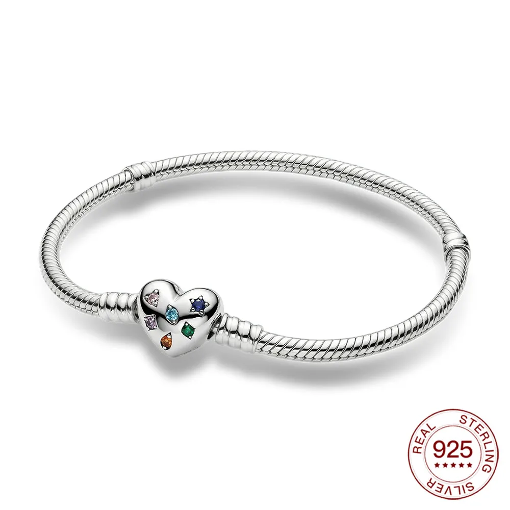 

925 Sterling Silver Heart Clasp Snake Chain Bracelet Fit Original Charms Colorful Zircon Love Bangle For Women DIY Jewelry Gift