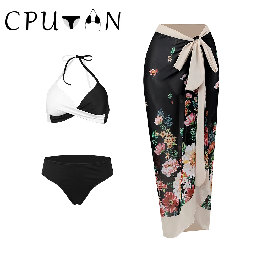 CPUTAN 2024 Sexy 3 Pieces Push Up Bikini Set Black Halter Women Swimwear Skirt Swimsuit Brazilian Beach Girl Swimming Suit Dress