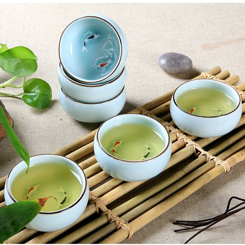 Handpainted Ceramic Embossed Double Carps Teacup Longquan Celadon Fish Luohan Vintage Personal Cups Green Blue