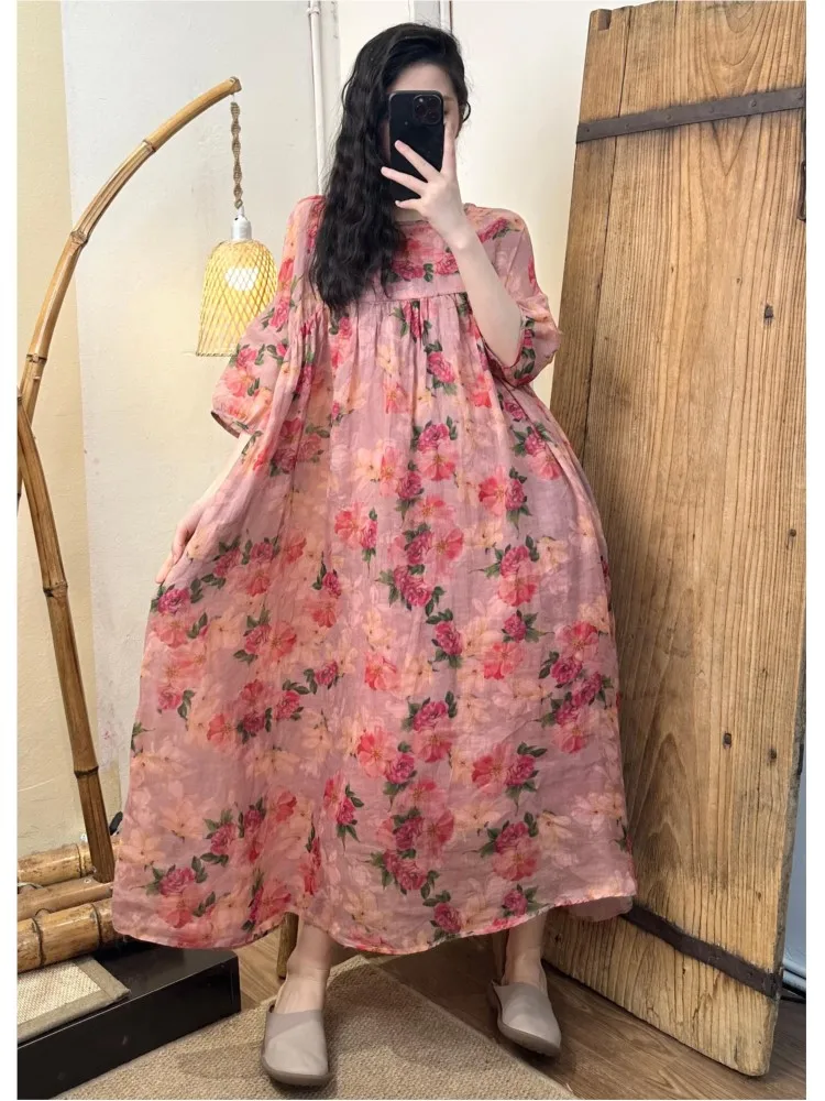 Oversized Summer Flower Floral Print Dress Women Loose Ruffle Pleated Ladies Dresses Modis Short Sleeve Woman Long A-Line Dress