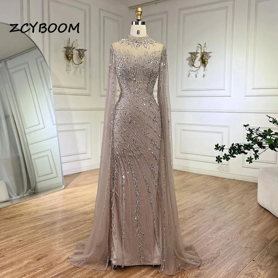 Elegant 2024 Tulle Formal Dresses High Collar Sequined Mermaid Evening Dresses for Women Party Dress Cap Sleeves Prom Dress