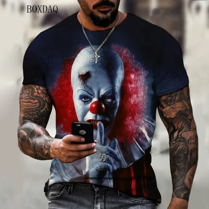 Men\'s 3D printed short sleeved T-shirt, oversized loose casual wear, horror style, clown print, 6XL, large size