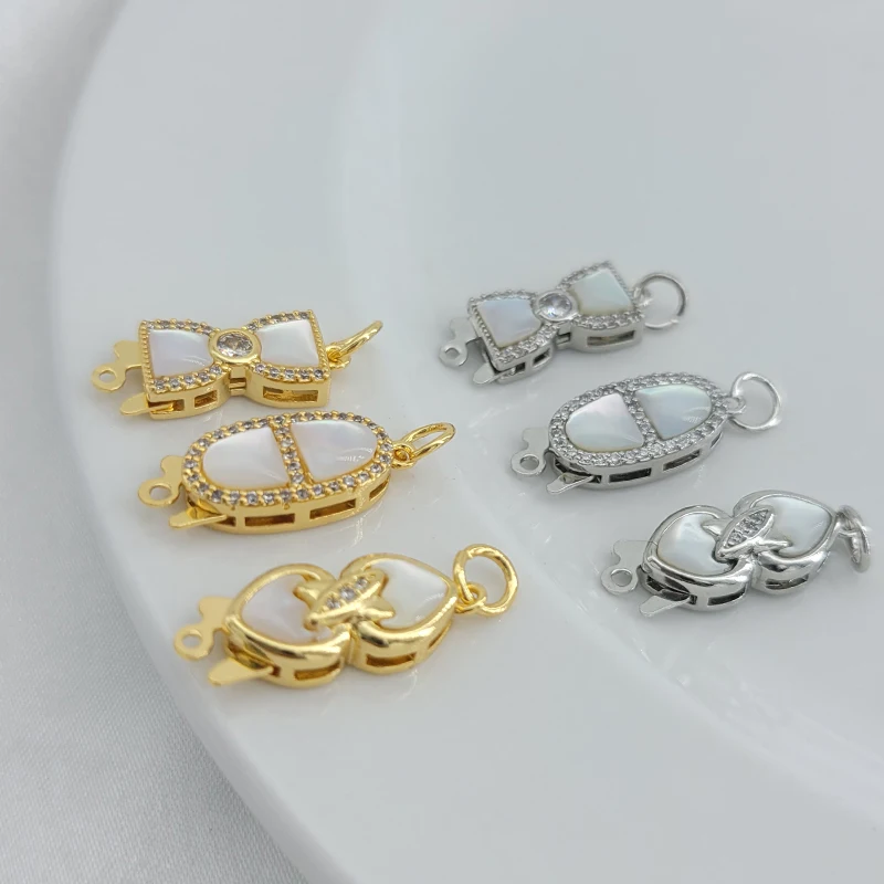 1 Piece of Gold-plated Copper Inlaid Zircon Shell Bow Tie Heart Single Row Clasp DIY Pearl Bracelet Necklace End Connector