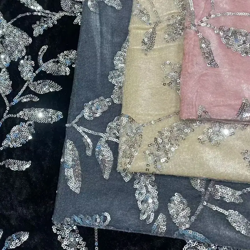 

High-end sequin embroidered floral velvet fabric for dresses, clothing, skirts, designer fabrics, curtains, tablecloth fabrics