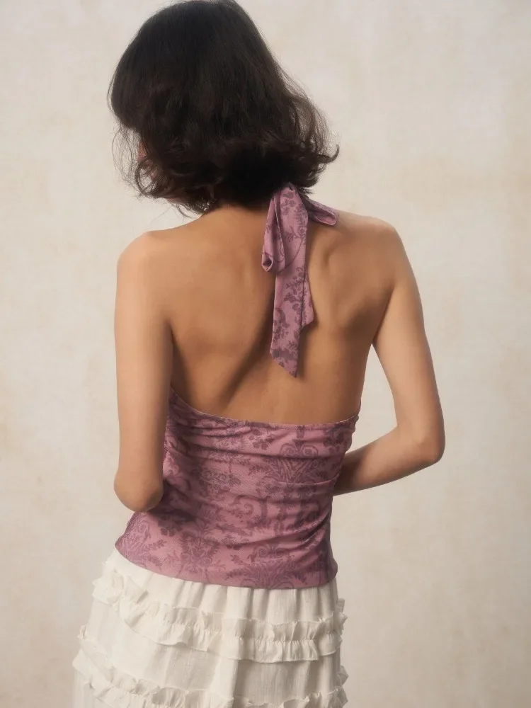 Y2k Ästhetische Vintage Blume Drucken Halter Crop Tops Harajuku Verband Schlank Backless Sexy Camisoles Streetwear Fashion Tanks Frauen