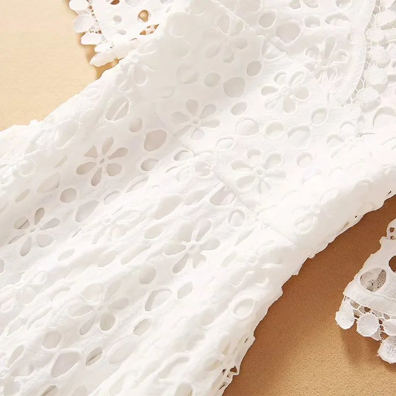 2023 Female Fashion New Clothing Hollow Out Embroidery V Neck Half Sleeve High Waist Elegant Dress For Women