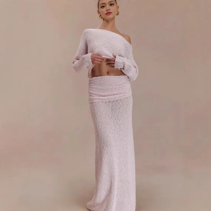 

Women 2piece Set Fashion Long-sleeved Top Half-length Dress Suit