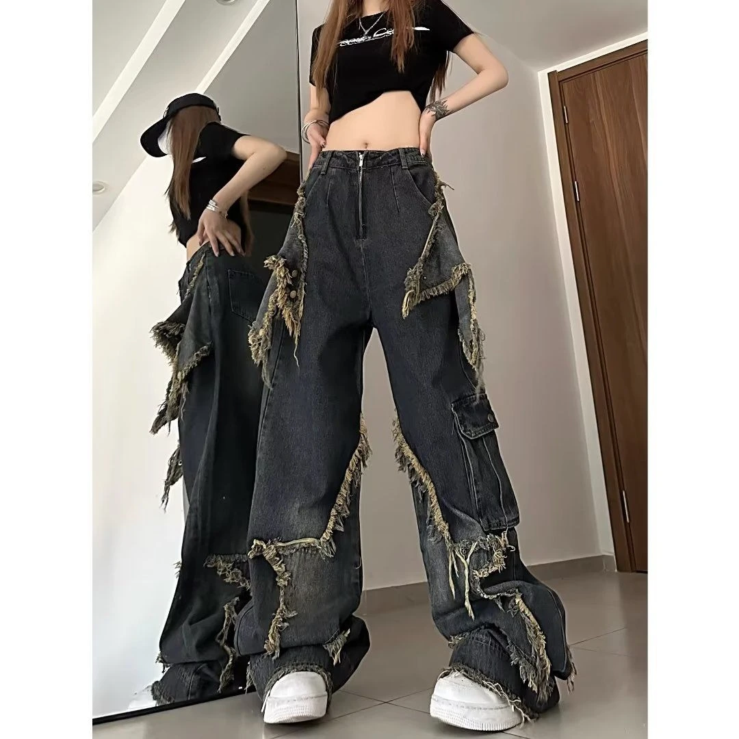 2025 Chic Gothic Pockets Zipper Casual Pants American Retro Wash Grunge Wide Leg Jeans Street Style Button Fashion Denim Pants