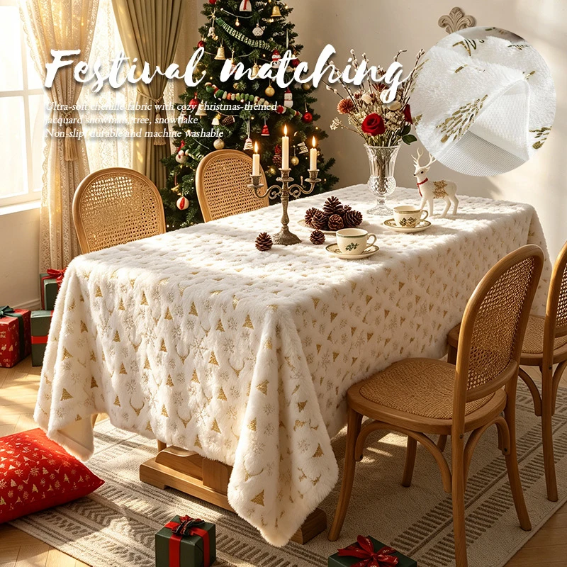 Christmas Winter Plush Tablecloth Decorate Room Atmosphere Christmas Tree Tablecloth White Rectangular Household Table Cloths