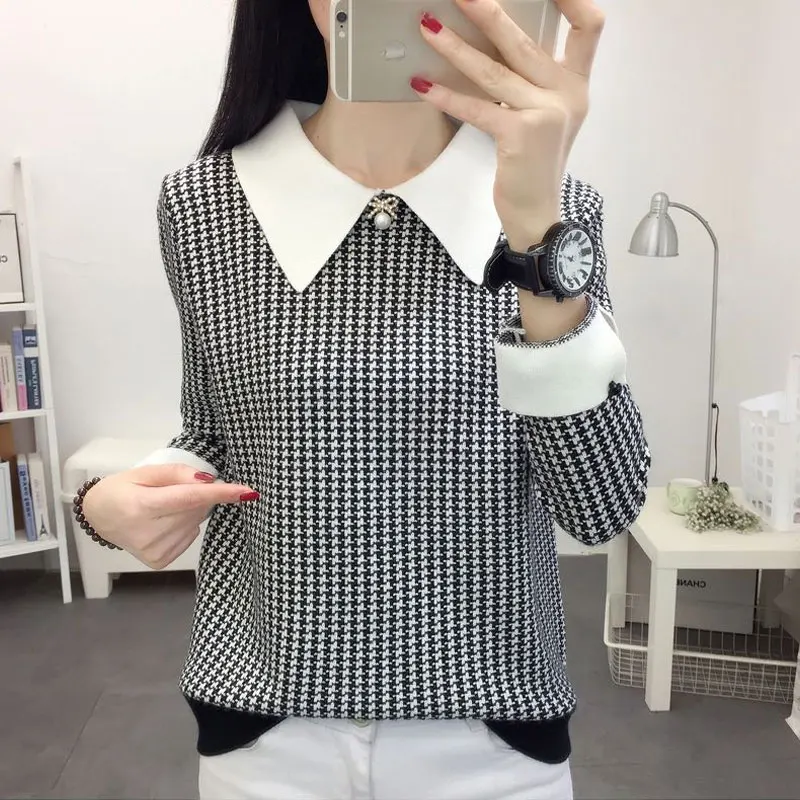 Suéteres de malha houndstooth feminino, moda coreana, gola virada para baixo, roupas de outono e inverno, casual básico emendado, saltadores soltos