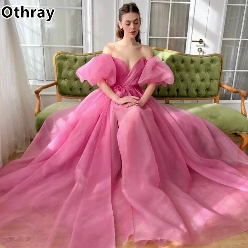 

Othray Hot Pink Prom Dresses A Line Short Puff Sleeves High Slit Formal Organza Evening Gowns Lacing Up Back Girl Party Robe