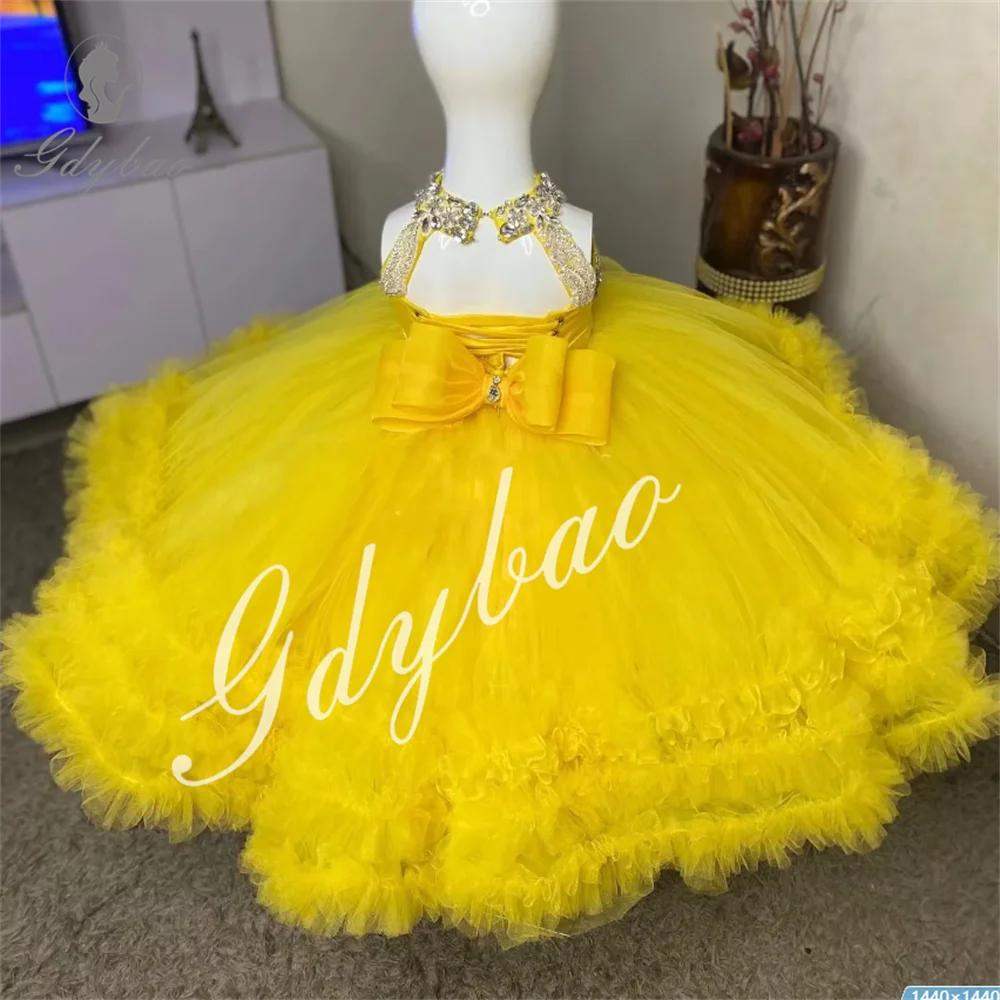 Yellow High Neck Birthday Dresses Beading Flower Girl Dresses for Wedding Party Baby Girls Prom Gowns for Communion