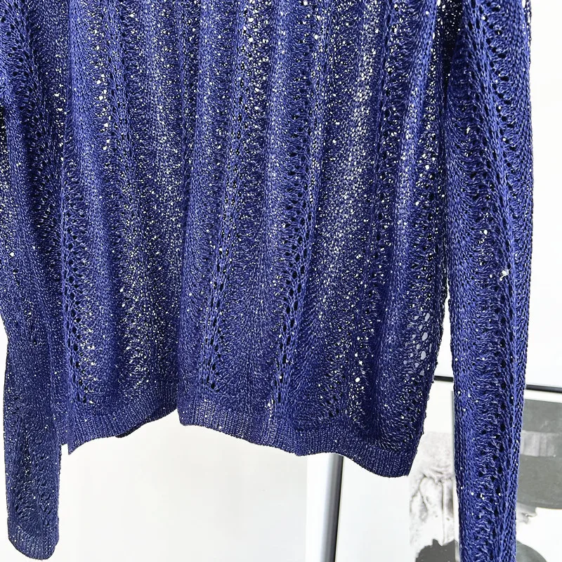 Sommer Mode Frauen Pullover One-Shoulder Kragen Langarm Schwere Hohl Pailletten Lose Dünne Gestrickte Top