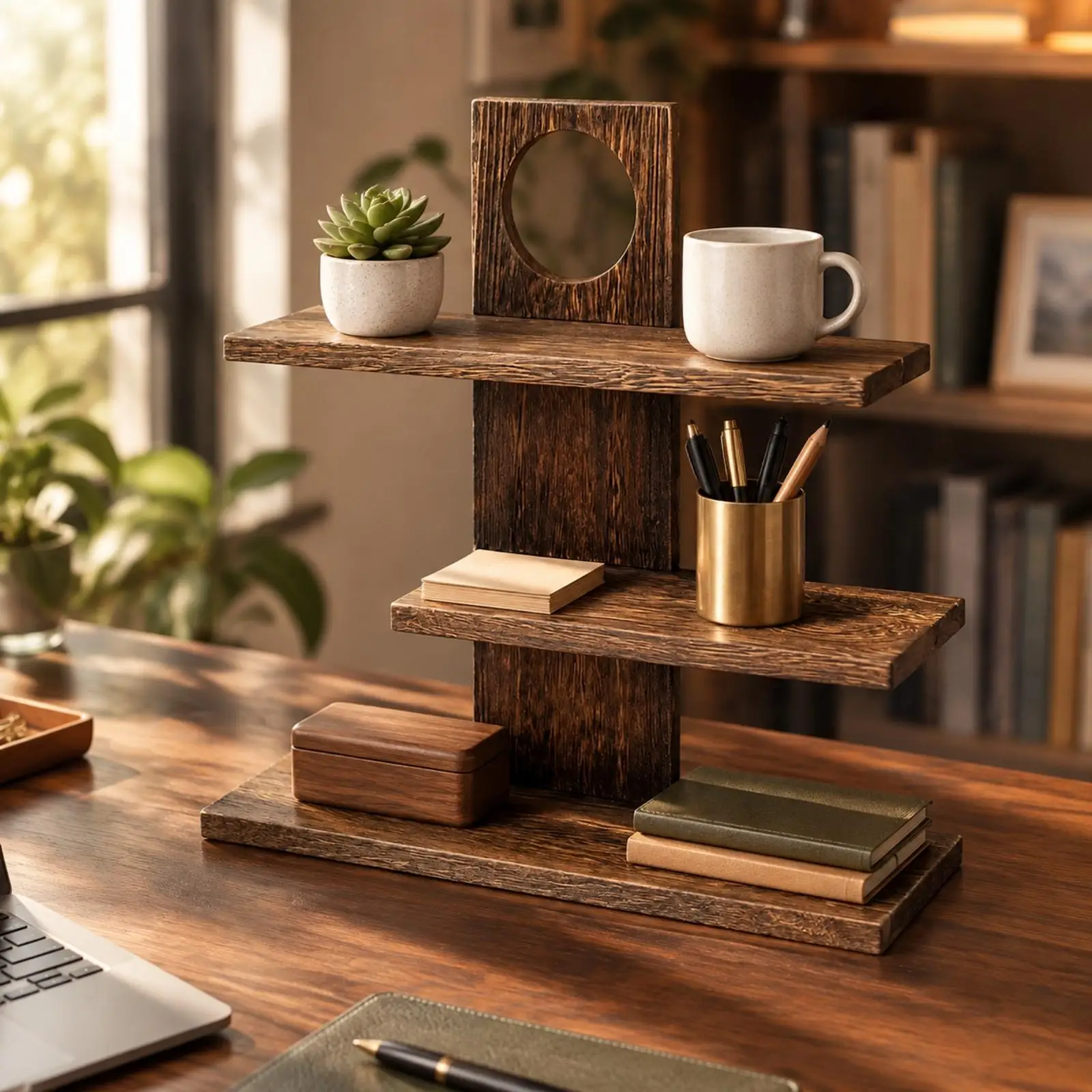 Wooden Tiered Shelf Organizer for Desk with Mug Holder Multi Layer Storage Rack for Coffee Bar Counter Shelf