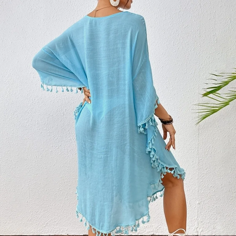 

Square Neck Summer Sunscreen Smock Hollow Out Casual Swimsuit Cover Up Dress Loose Bathing Suit Beachwear Shirt for Women