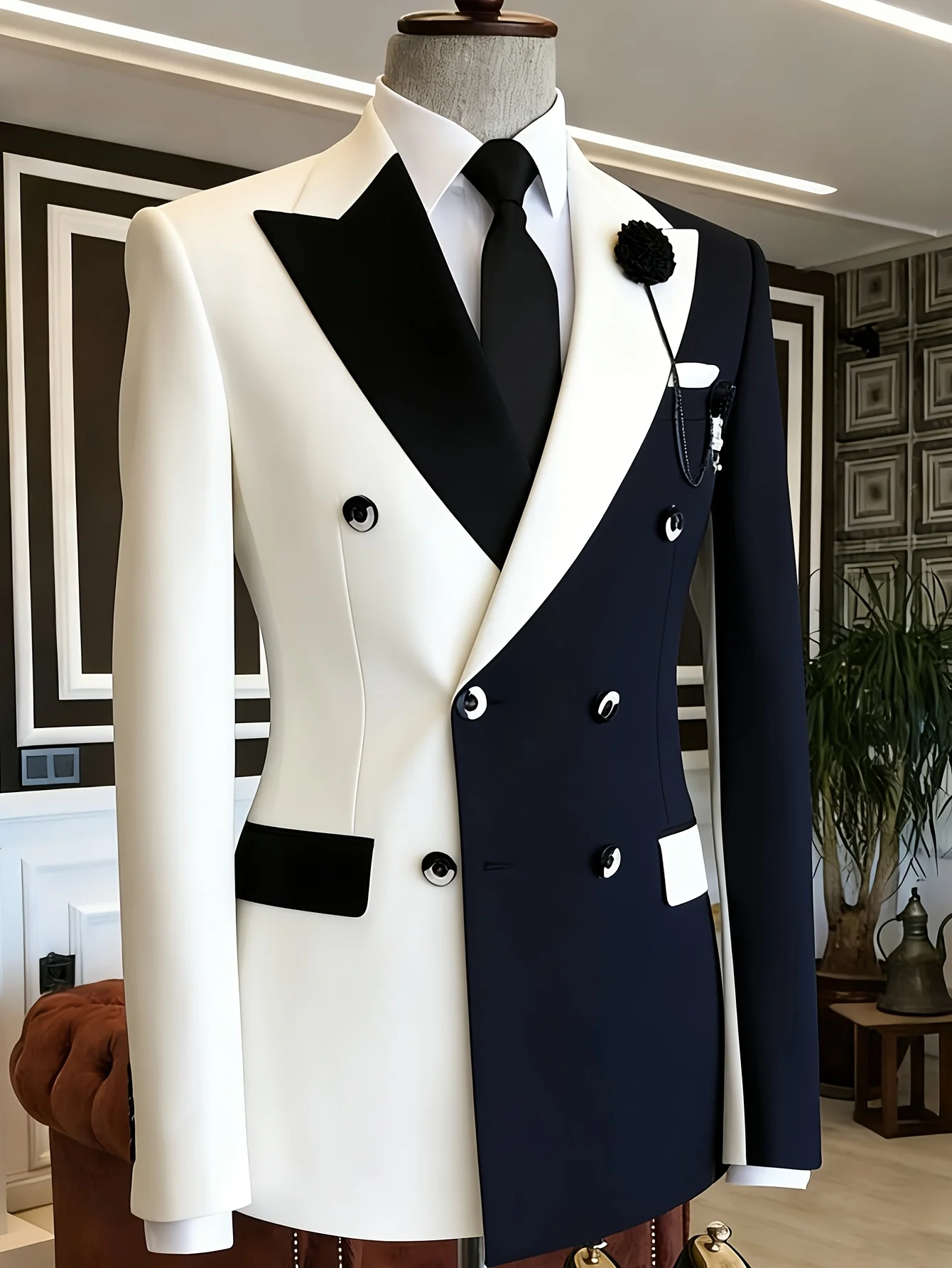 Men Color Block Blazer Peak Lapel Double Breasted Contrast Pocket Slim Fit Formal Wedding Groom Party Business Outerwear Jacket