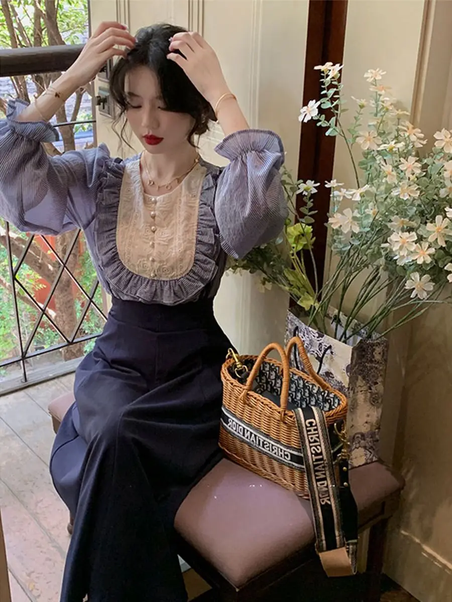 

Korea Autumn Clothes Retro Women Outfit Fashion Lace O-neck Chic Flounce Striped Shirt Flare Sleeve Blue Strap Dress Set Elegant