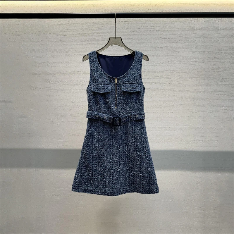 Autumn new square collar single breasted belted tweed denim blue short sleeves dress high quality fashion commuterStraight skirt