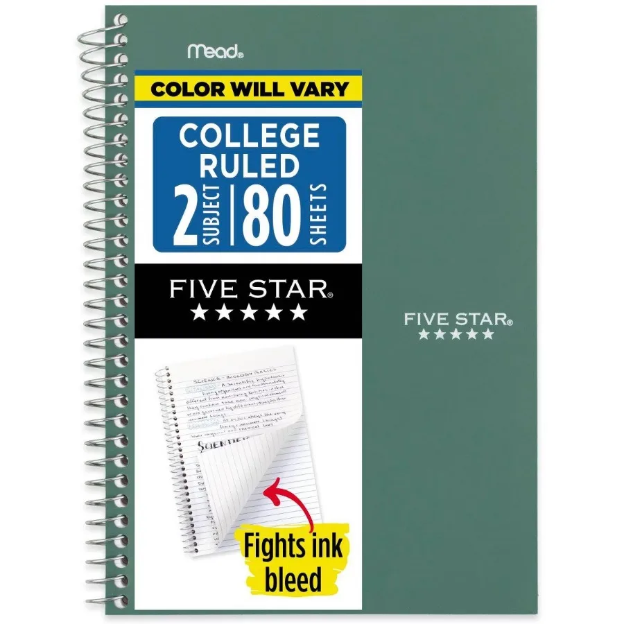 80pg 2 Subject College Ruled Spiral Notebook 9.5