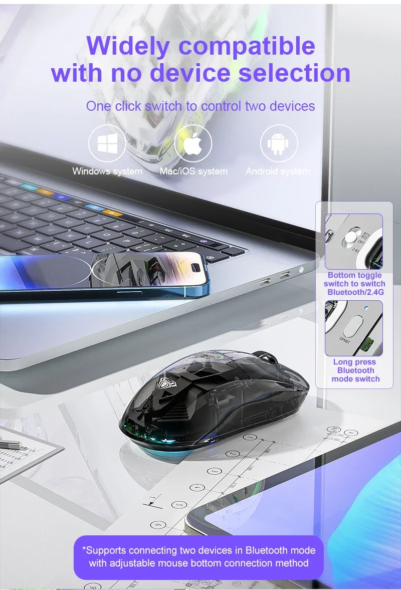 SC660 ماوس بلوتوث لاسلكي شفاف، اتصال ثلاثي الأوضاع، خفيف الوزن وقابل لإعادة الشحن، 10000 ديسيبل متوحد الخواص، لعبة رياضية إلكترونية