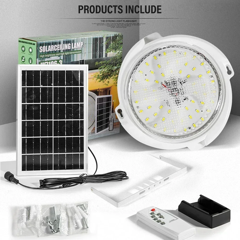 Solar impermeável LED Ceiling Light, Escurecimento Remoto, Sensor de Movimento, Adequado para Exterior, Interior, Iluminação Varanda