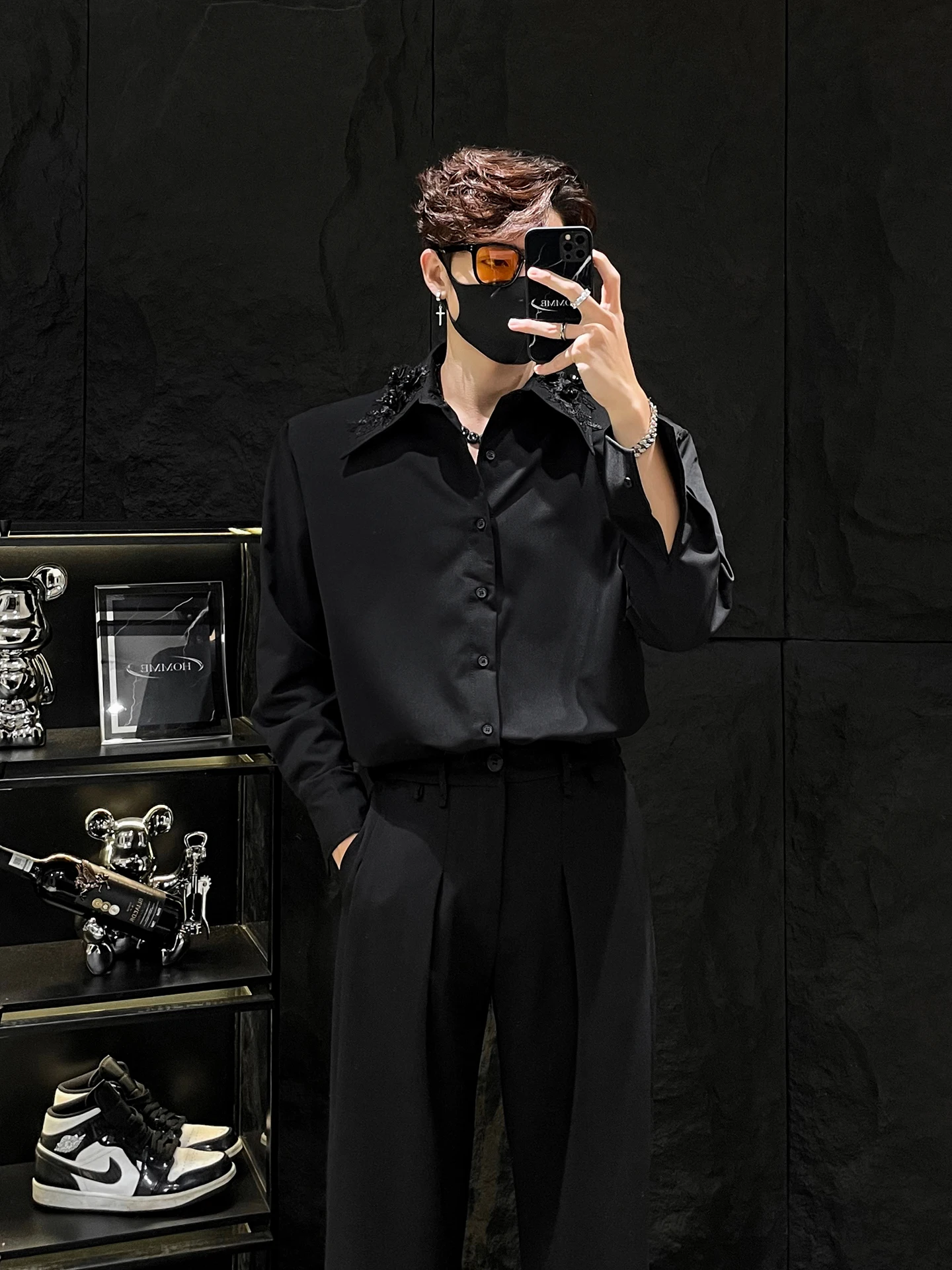 

Мужская модная рубашка с вышивкой, свободного кроя, с большим воротником, в корейском стиле, с наплечниками