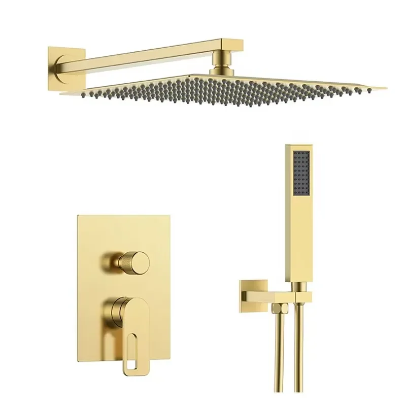 Square Brass Brushed Gold Wall Mounted Concealed Bathroom Faucet Rain Shower Set Soft/Jet Spray Patterns for Hotel Use