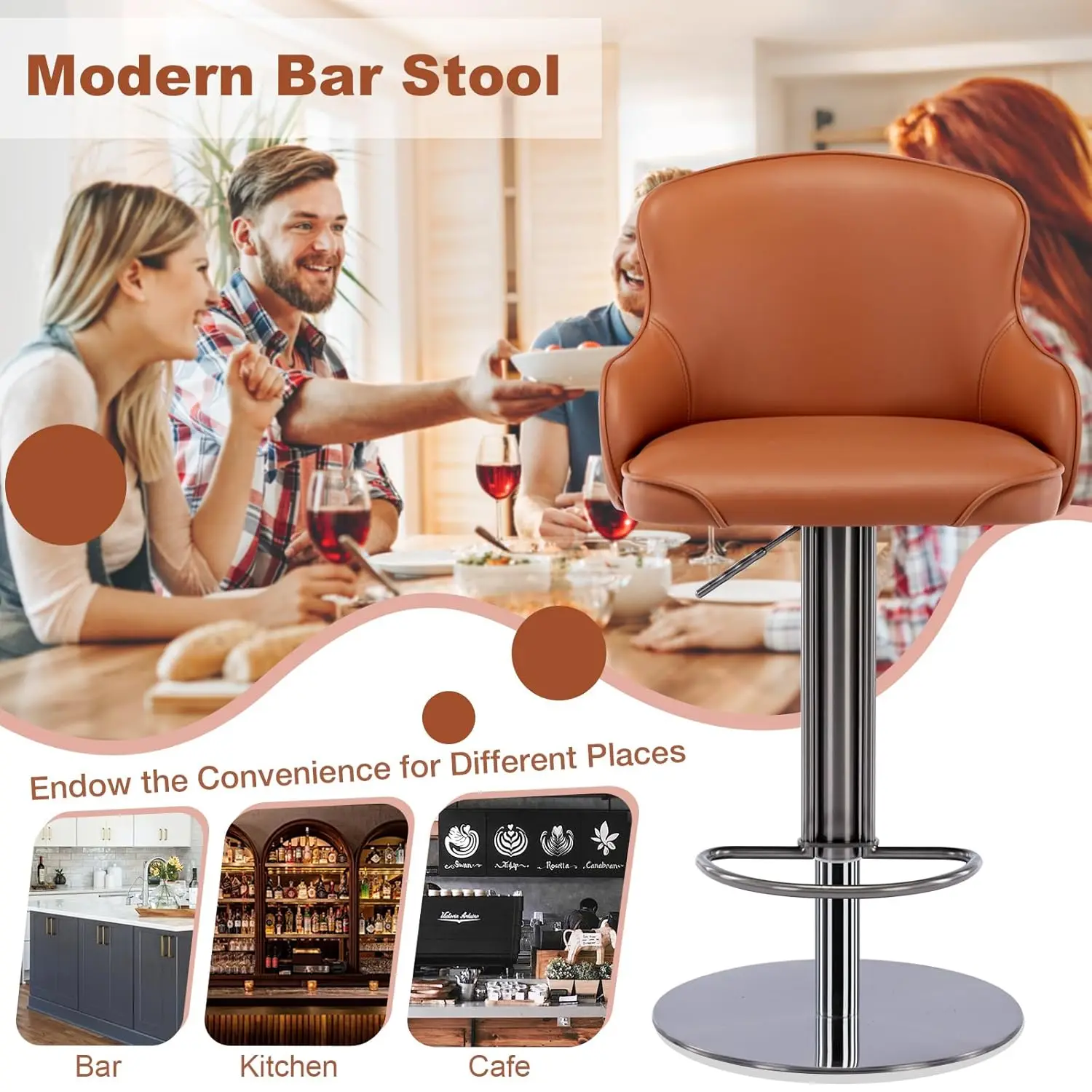 Modern Adjus  Stainless Steel Swivel Bar Stools Leather Upholstered with Backrest and Footrest for Kitchen Bar  ized