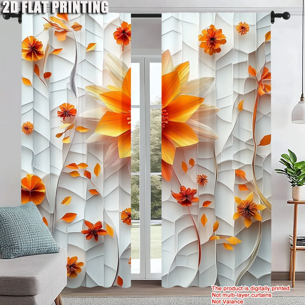

2Pcs Glam Style Curtain Panels Orange Red Floral Print With Hexagon Background Machine Washable Polyester Decorative Drapes_ai9