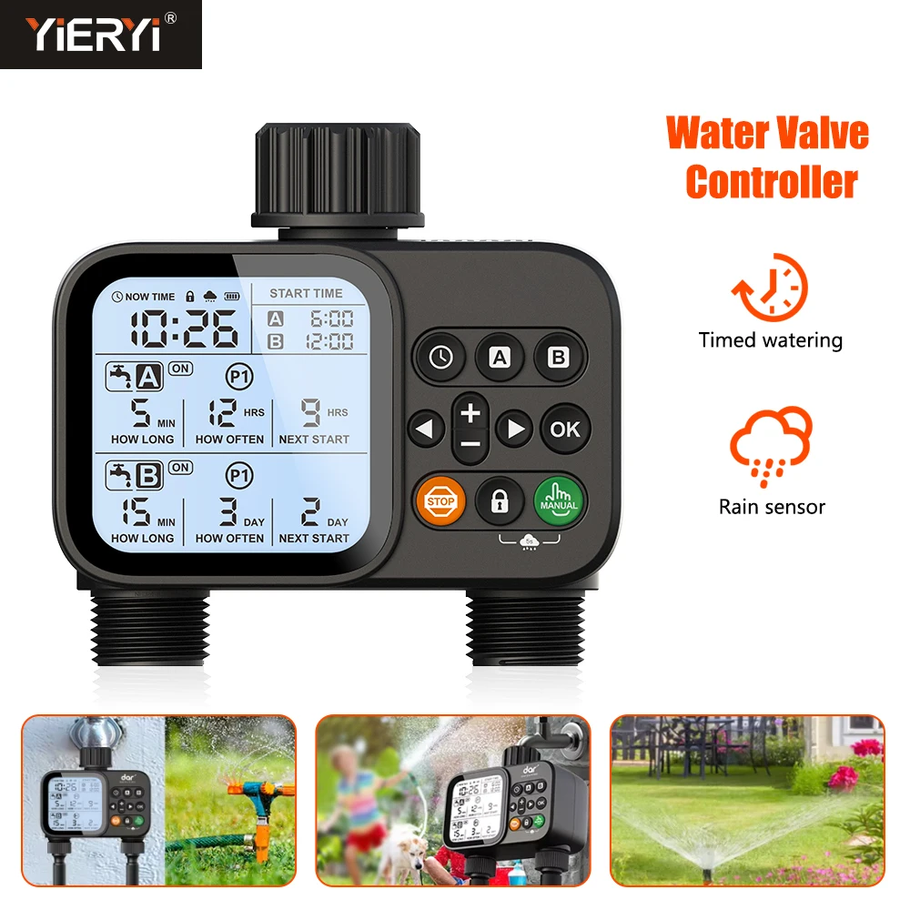 Smart 2-Outlet Irrigation Timer with Backlit LCD Display Rain Sensor for Outdoor Garden Automatic Irrigation Watering System
