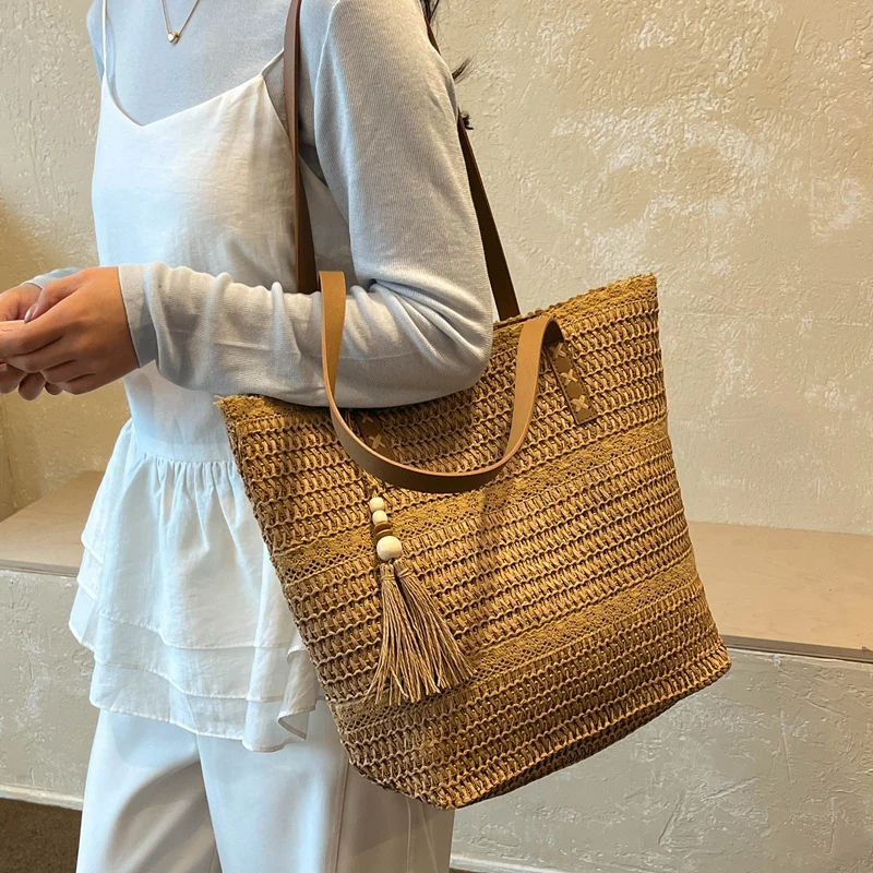 Straw Shoulder Bag Large Capacity Versatile Tote Handbag Multi-Purpose Trendy Beach Bags Commuting Work Seaside Handbags