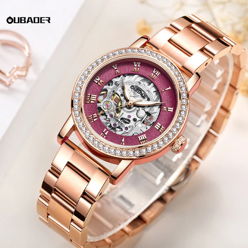 OUBAOER Women Rainbow Series Skeleton Mechanical Watch Stainless Steel Strap Dial Waterproof Fashion Hollow Ladies Wristwatch